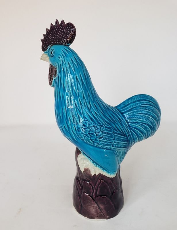 Vintage Chinese Blue Turquoise Porcelain Rooster Figurine Statue
