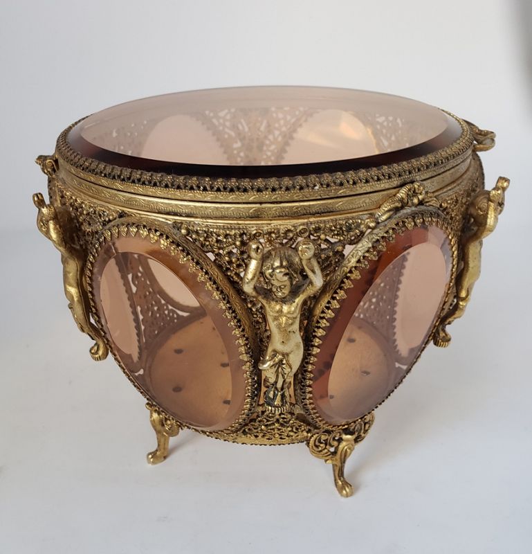 French Ormolu Filigree Display Box Casket with Putti Angles