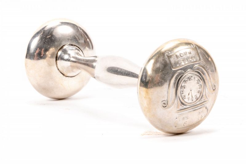 Old Sterling Silver Dumbbell Baby Rattle with Clock