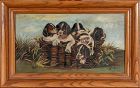 19th C Oil on Canvas Puppies in a Basket  Painting