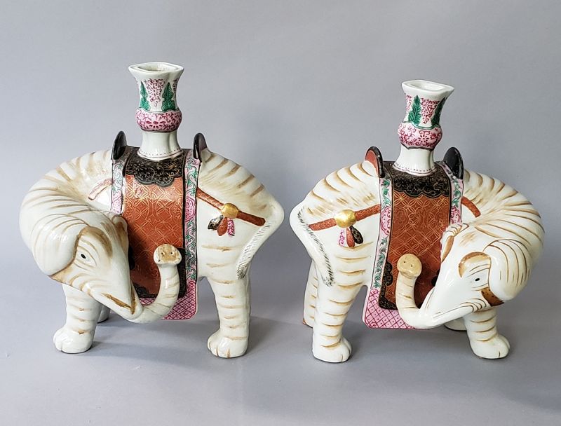 Pair Chinese Porcelain Elephant Joss Stick Candle Holders, Mottahedeh