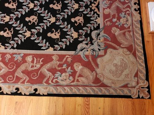 Vintage Needlepoint Monkey Rug Carpet with Monkeys