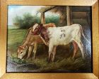 Original Oil on Canvas Landscape Farm Painting of Two Calves