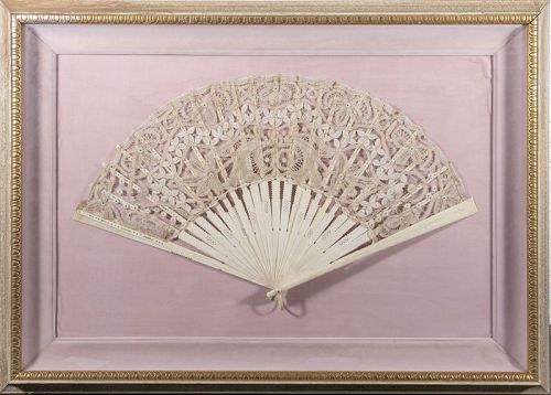 Framed Victorian White Lace Hand Fan