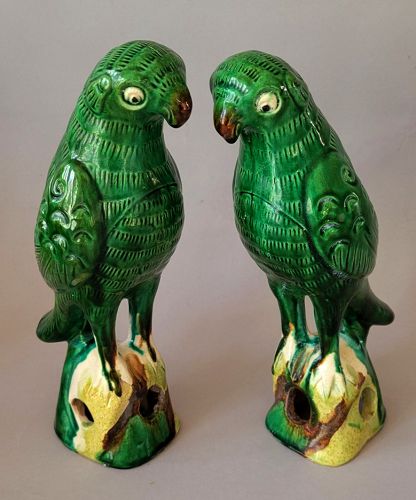 Pair of Chinese Green Glaze Standing Parrot Statues, 19th C