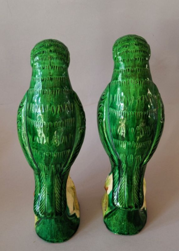 Pair of Chinese Green Glaze Standing Parrot Statues, 19th C