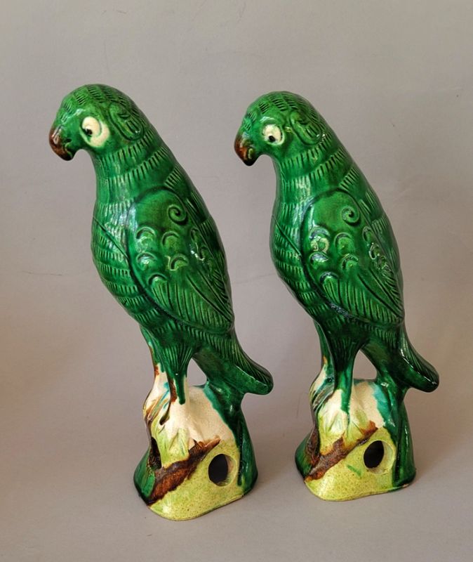 Pair of Chinese Green Glaze Standing Parrot Statues, 19th C
