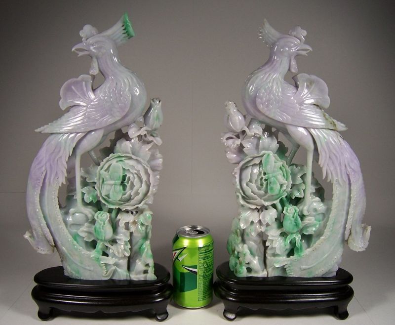Pair Chinese Lavender and Apple Green Jade Phoenix Bird Statues