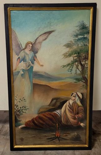 19th Century Religious Oil on Canvas Painting of Angel and Elijah