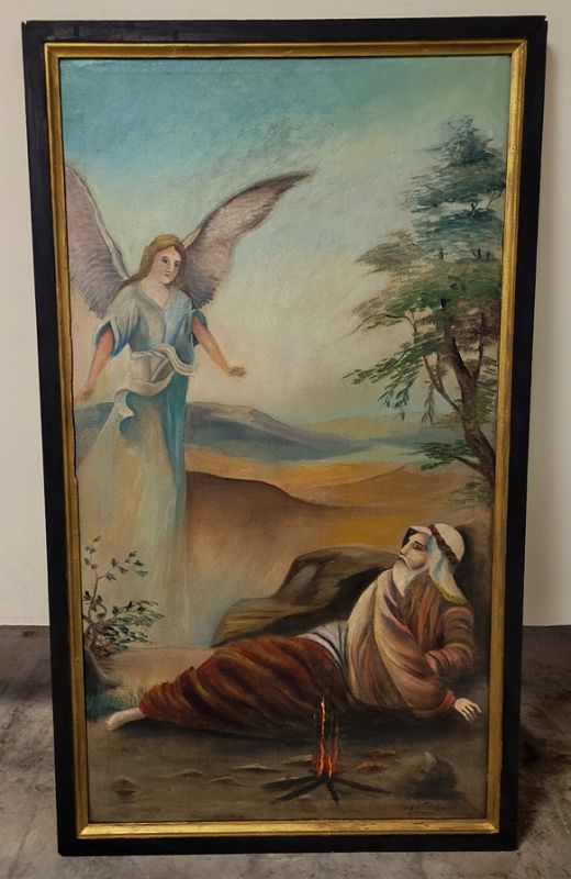 19th Century Religious Oil on Canvas Painting of Angel and Elijah