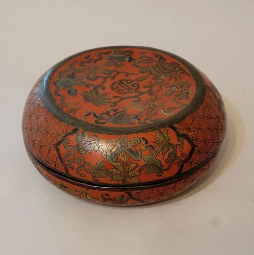 Chinese Wood Red Lacquer with Gold Round Storage Box