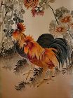 Old Chinese Silk Embroidery of Hen and Rooster Scroll