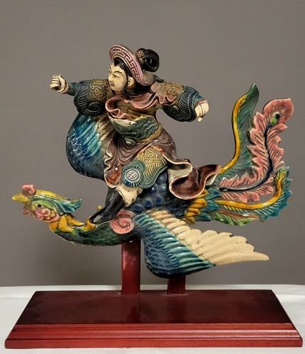 Old Chinese K. Y. Lin Roof Tile Warrior Riding Bird Statue