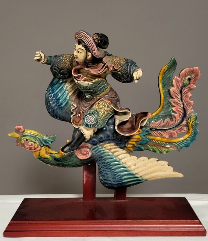 Old Chinese K. Y. Lin Roof Tile Warrior Riding Bird Statue