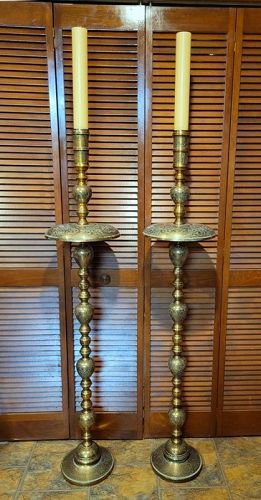 Pair of Asian Brass Altar Floor Candlesticks Candle Holders