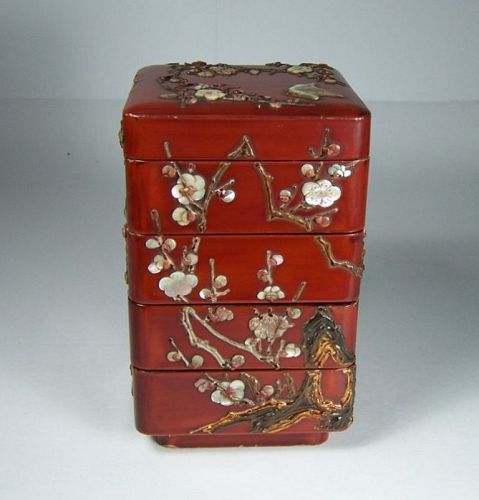 19C Edo Japanese Red Lacquer Shibayama Bento or Stacking Box