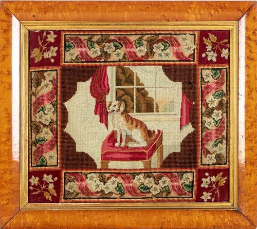 Antique needlepoint of dog in tiger maple frame