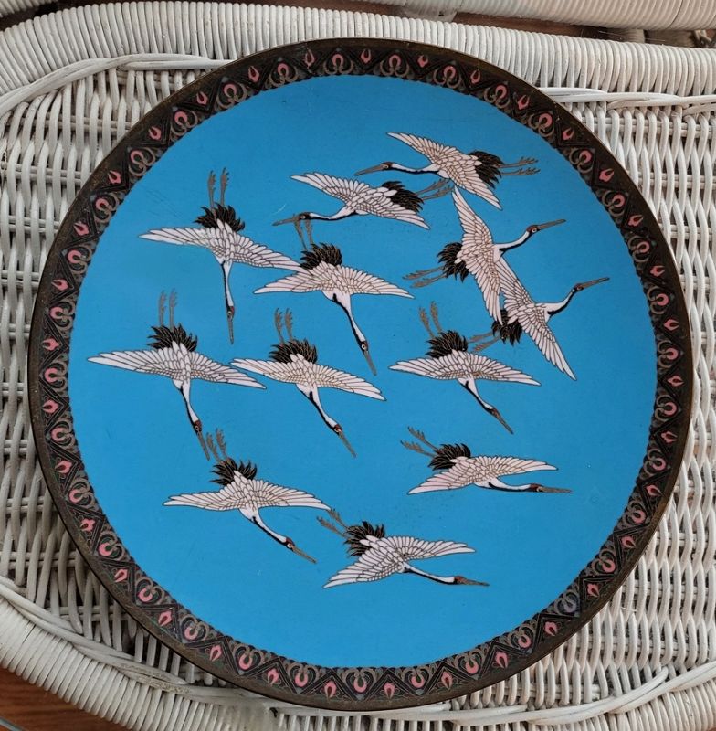 Japanese Cloisonne Charger Enamel with Flying Cranes Meiji Era