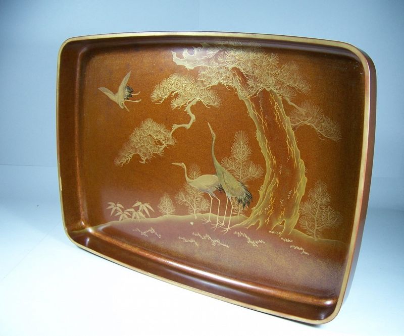 Japanese Nashiji Lacquer Tray with Raised Gold Cranes Meiji Era