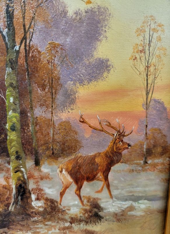 19th Century Oil on Wood Painting of Deer by A Huff