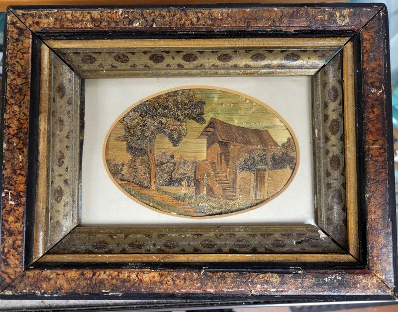 18th C Pennsylvania Dutch Straw Folk Art Landscape Painting Framed
