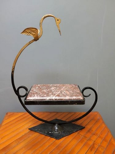 1920's French Art Deco Wrought Iron and Marble Swan Bird Display Stand