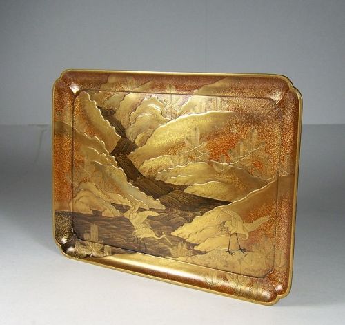 Japanese Late Edo Lacquer Tray with Mountain Stream and Cranes