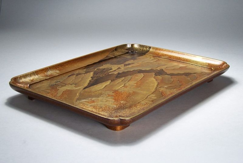 Japanese Late Edo Lacquer Tray with Mountain Stream and Cranes