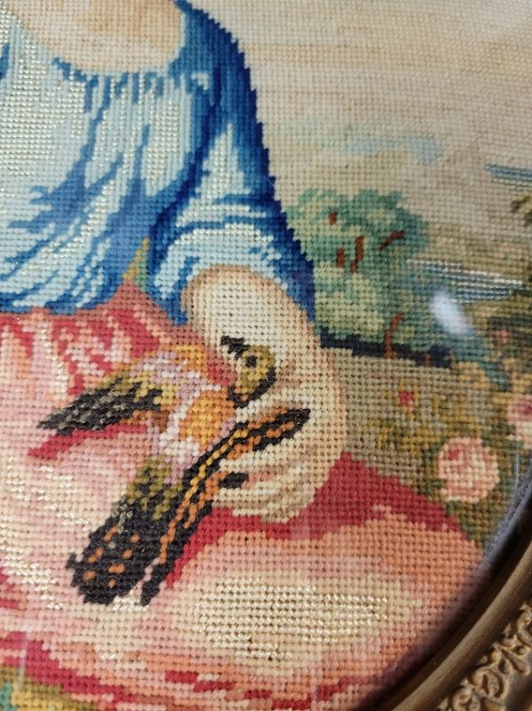 Antique Petit Point Embroidery of a Girl with a Bird