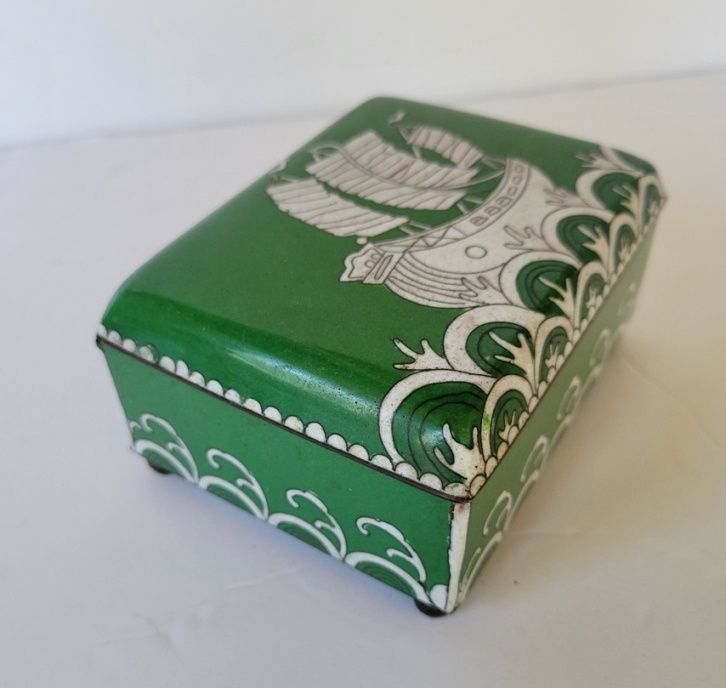 Old Chinese Green Cloisonne Smoking Set w/ Ship on Box, Ashtray, Match