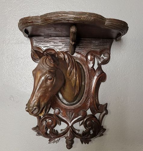 Antique European Wood Horse Head Wall Shelf Bracket Corbel
