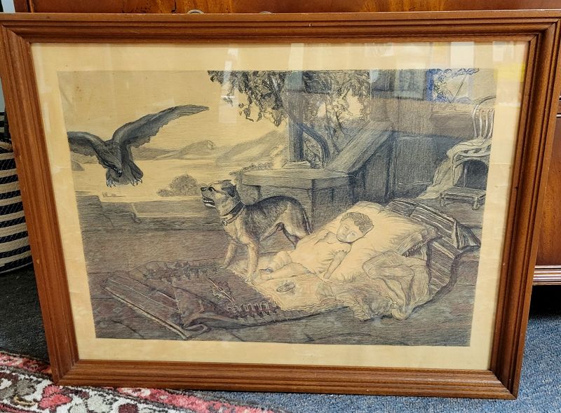 Original 19th C Mourning Drawing, Dog Protecting Child, Signed