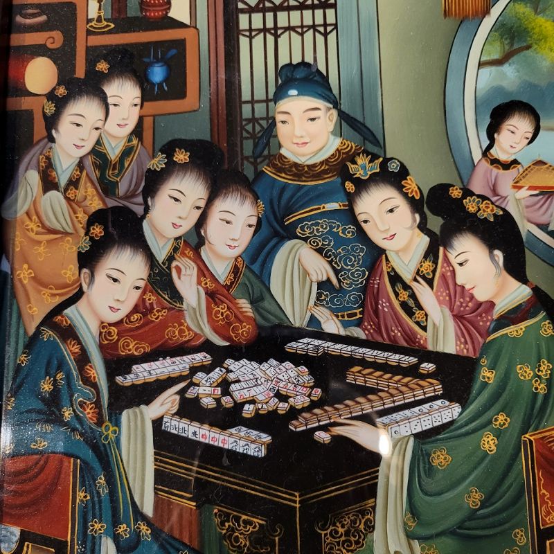 Early 20th C Chinese Reverse Painting on Glass of Mahjong Game