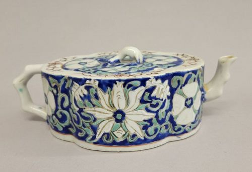 Antique Chinese Porcelain Blue Quatrefoil Teapot With White Flowers