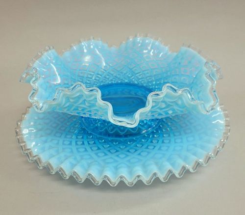 Vintage Aqua Blue Hobnail Ruffled Glass Bowl with Underplate