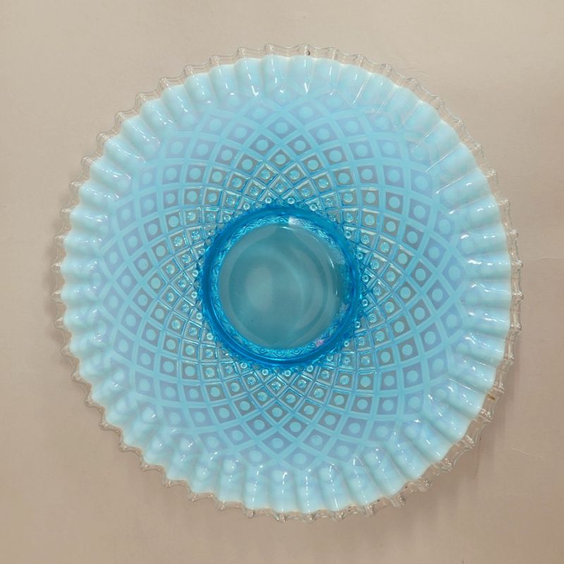 Vintage Aqua Blue Hobnail Ruffled Glass Bowl with Underplate