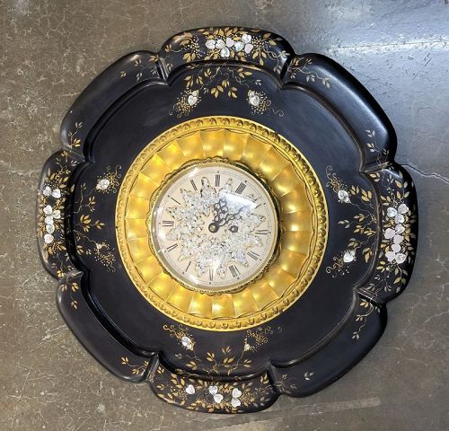 19th C English French Black Papier Mache Mop and Gold Gilt Wall Clock