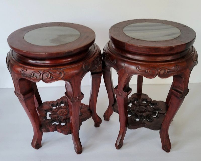 Pair of Chinese Carved Rosewood Display or Plant Stands With Marble