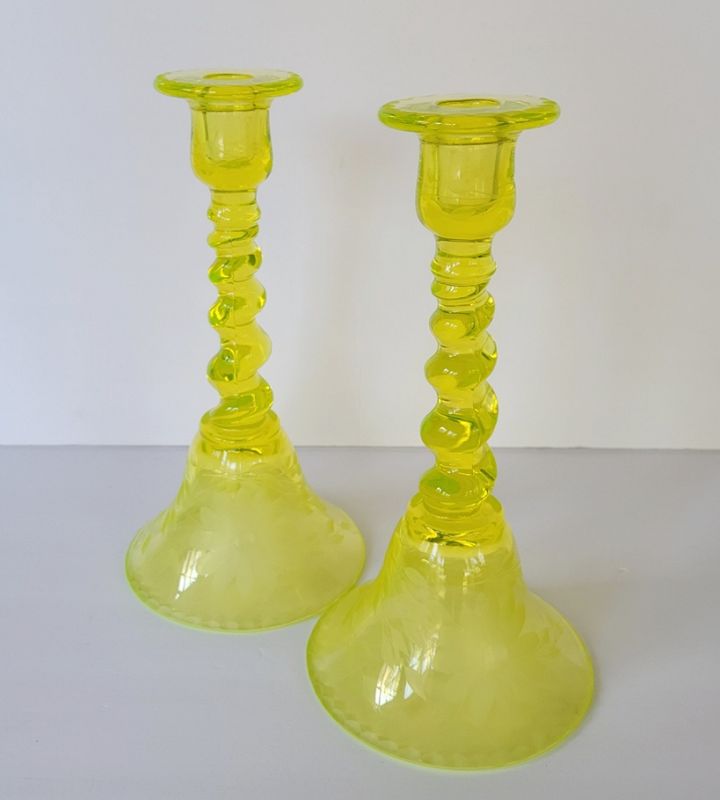 Pair of Tiffin Vaseline Elegant Glass Candle Holders Candlesticks