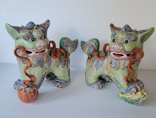 Pair of Vintage 20th Century Chinese Ceramic Polychrome Foo Dogs