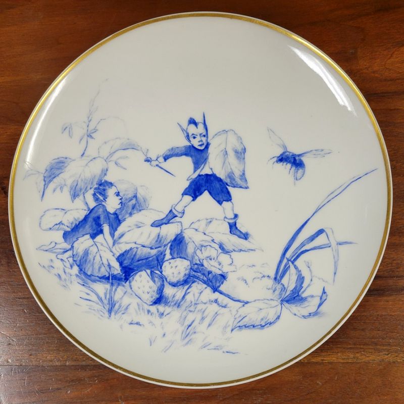 Bavarian Blue and White Porcelain Plate With Elves and Bee