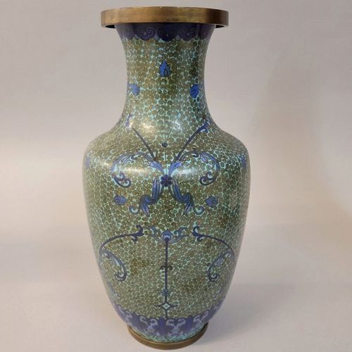 Early 20th C Chinese Pale Turquoise Cloisonne Vase with Blue Arabesque