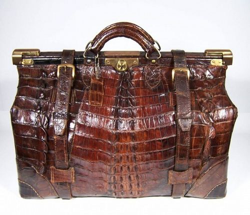 Large Antique Austrian Alligator Crocodile Valise Luggage with Key