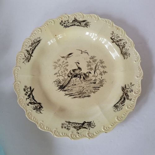 18th C Creamware Black Transfer Bird 10" Plate by Sadler & Green