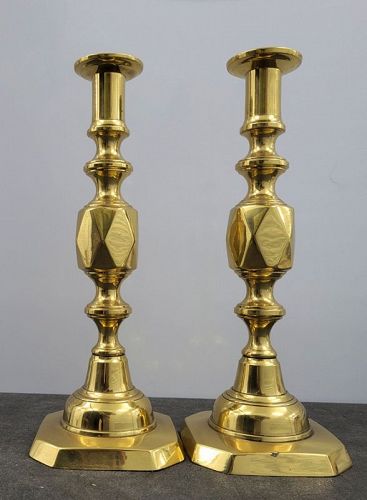 Antique English Brass Queen of Diamonds Candlesticks