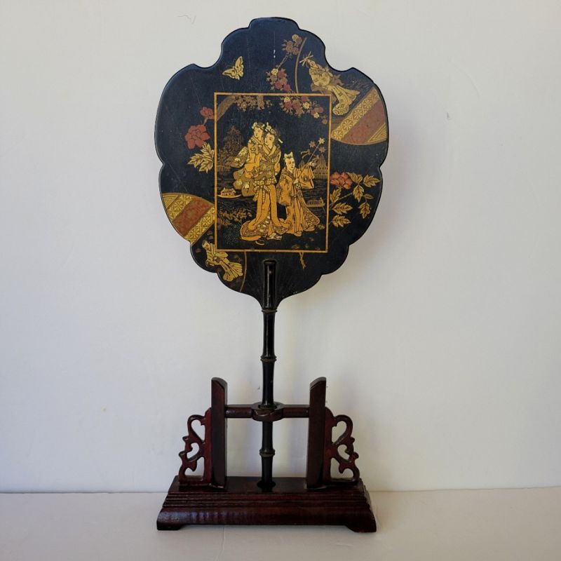 Antique Papier Mache Chinoiserie Black Lacquer and Gold Fan With Stand