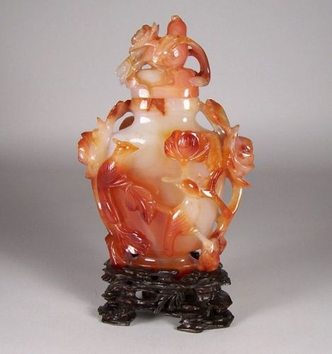 Antique Chinese Carved Agate Lidded Vase, Qing