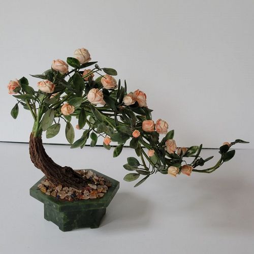 Mid 20th C Chinese Green Jade Bonsai Tree With Pink Coral Roses