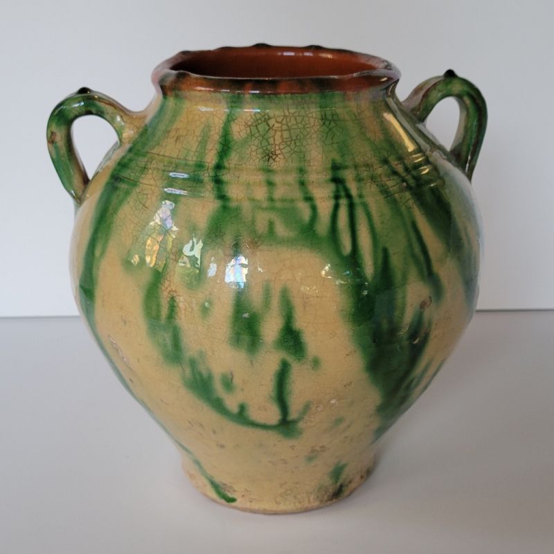 Antique French Yellow and Green Glazed Terra Cotta Confit Pot