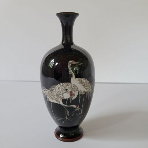 Japanese Meiji Era Black Cloisonne Vase with 5 cranes